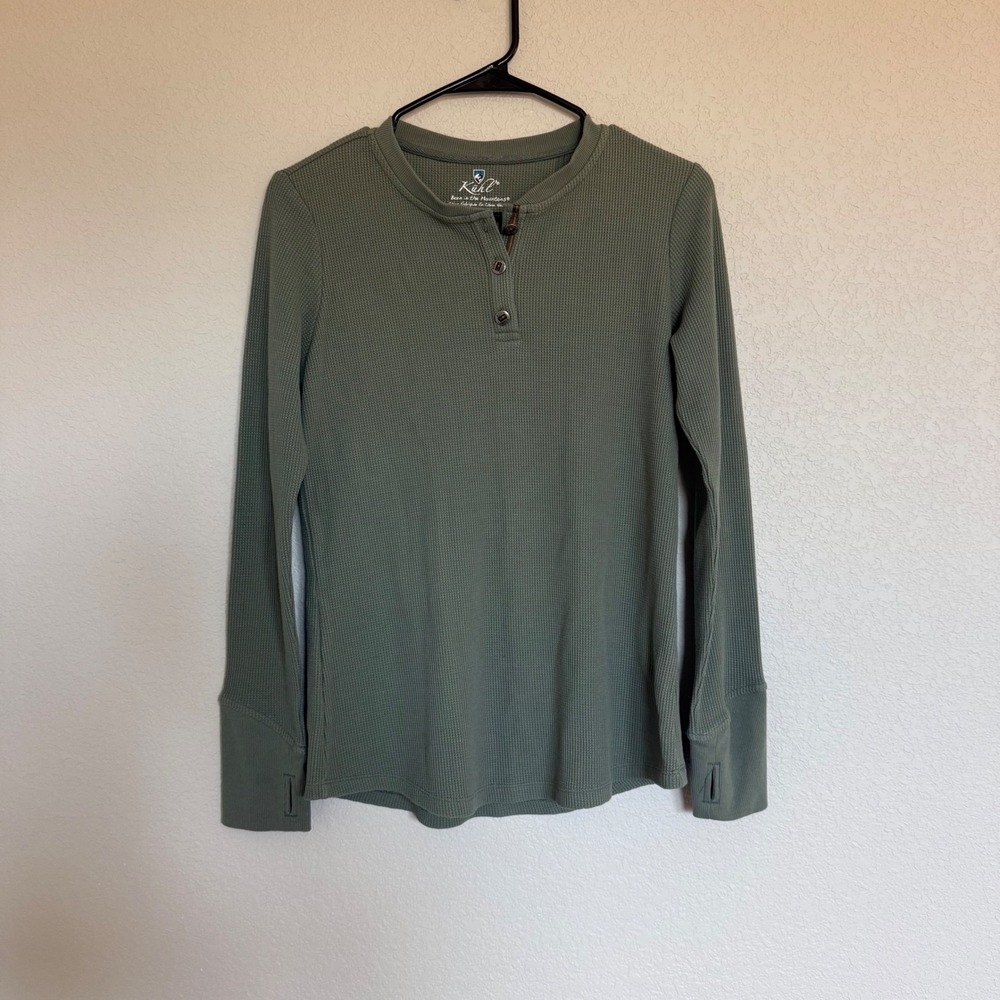Kuhl Womens Sage Green Waffle Knit Henley Long Sleeve Shirt Gorpcore Outdoor